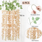 mizii 6Pcs Beige Wisteria Hanging Flowers 48" Silk Wisteria Artificial Flowers Garland Vines Fake Hanging Flowers Decoration for Wedding Flower Wall Backdrop Centerpieces Party Room Decor (Beige) - Image 2