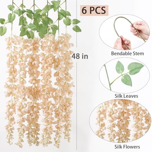 mizii 6Pcs Beige Wisteria Hanging Flowers 48" Silk Wisteria Artificial Flowers Garland Vines Fake Hanging Flowers Decoration for Wedding Flower Wall Backdrop Centerpieces Party Room Decor (Beige) - Image 2