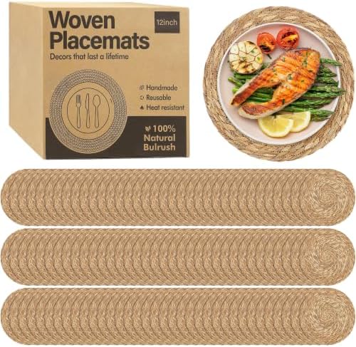 Elcoho 80 Pieces Round Woven Placemats 12 Inch Boho Rattan Placemats by Elcoho