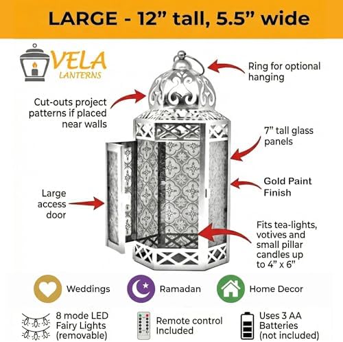 Vela Lanterns Decorative Indoor Fairy Light Ramadan Candle Holder, Gold, L - Image 6
