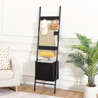 HOOBRO Blanket Ladder with Basket, 17.3”L x 63.4”H, Towel Rack with Hooks, Blanket Holder Rack, Decorative Ladder Shelf, Drying and Display Rack for Bathroom, Living Room, Black BB31CJ01 - Image 3
