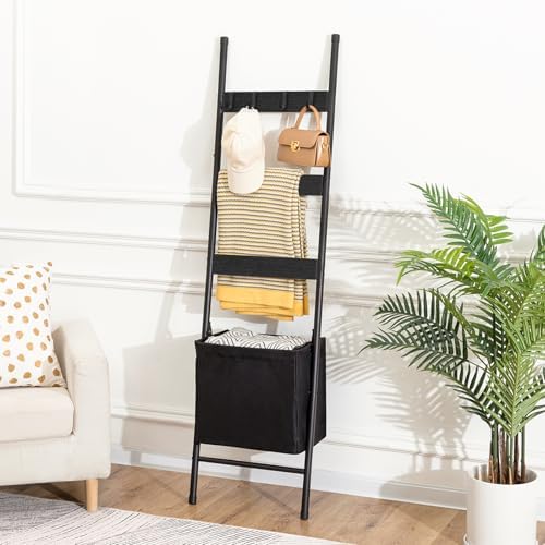 HOOBRO Blanket Ladder with Basket, 17.3”L x 63.4”H, Towel Rack with Hooks, Blanket Holder Rack, Decorative Ladder Shelf, Drying and Display Rack for Bathroom, Living Room, Black BB31CJ01 - Image 3