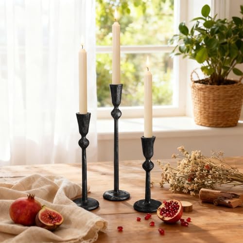 Set of 3 Antique Black Taper Candle Holders Cast Iron Candlestick Holder - Image 6