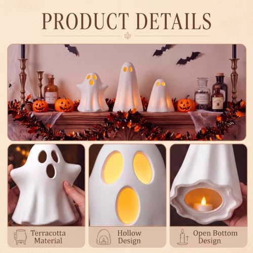 LemonRoad 3 Pcs Halloween Terracotta Ghost Decor Indoor Tealight Holder - Image 4