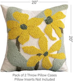 Summer Floral Throw Pillow Covers 20x20 Inch Set of 2, Chenille Embroidered Pillowcase with 3D Tufted Yellow Flowers Sage Green Leaves, Boho Decorative Cushion Covers for Couch Sofa Bed - Image 2