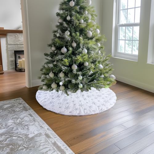 AOGU 60 Inch Sequin Faux Fur Christmas Tree Skirt Decoration for Merry Christmas Party White Plush Silver Sequin Snowflake Xmas Christmas Tree Skirt Decorations - Image 6