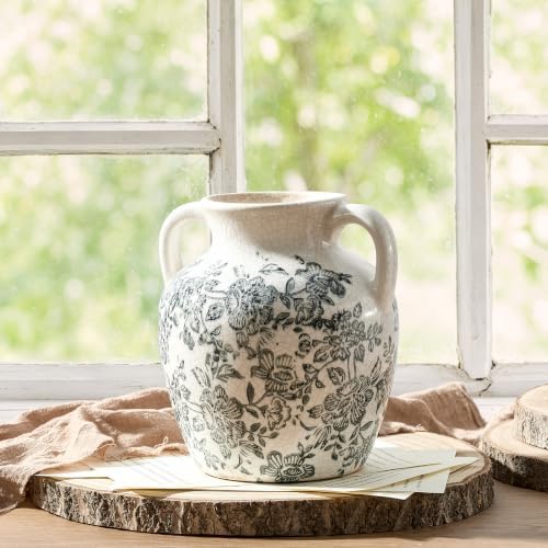 Vintage Vase with Handles, Ceramic Utensil Holder, Flower Decorative Vase Chinoiserie Decor Rustic Farmhouse Retro Floral Vases for Table Bookshelf Mantel Kitchen Living Room Office - 6.7” Gray 018 - Image 4