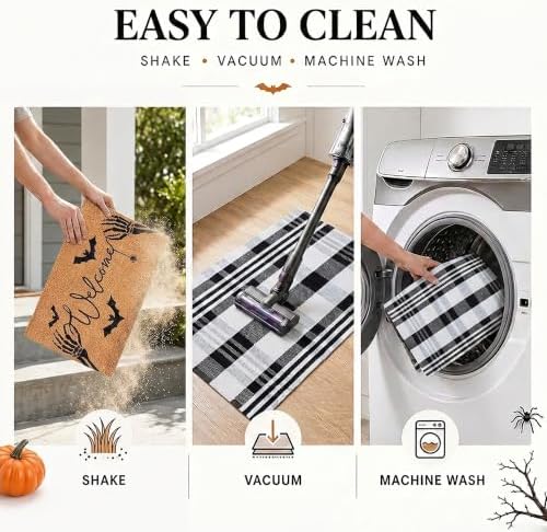 Halloween Welcome Door Mat Combo Set, Skeletal Hand Coco Coir Doormat -3'*5' Black and White Striped Rug, Autumn Front Porch Entryway Decor Floor Mat - Image 6