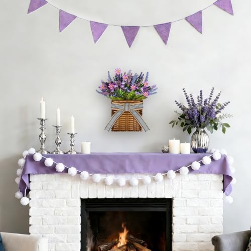 Spring Lavender Basket Wreath for Front Door 15" Purple Hanger Basket Artificial Grains Green Leaves with Purple Daisy Summer Wreaths Baskets for Indoor Farmhouse Porch Entryway Wall Home Decor - Image 5