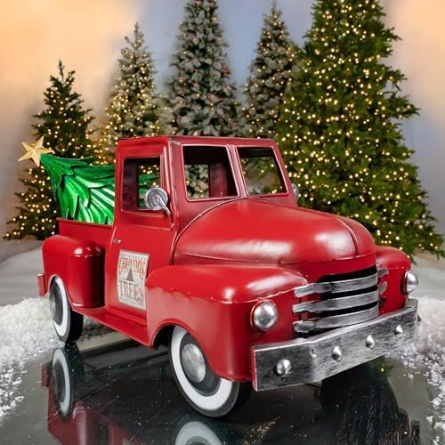 Zaer Ltd. Metal 18.5" Long Multi-Seasonal Christmas and Harvest Pickup Truck with Metal Tree, Pumpkins, and Matching Side-Magnet Sets (Antique Red) - Image 3