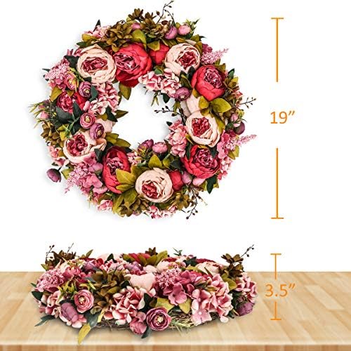BOMAROLAN Artificial Peony Flower Wreath 19Inch Vintage Blooming Silk Peonies Spring Summer Fall Winter Large Wreaths Flower Green Leaves for Outdoor Front Door Indoor Wedding Wall Or Window Décor - Image 7