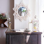 TENEWEE Boho Wall Decor White Macrame Round Hanging Mirror for Entryway - Image 2