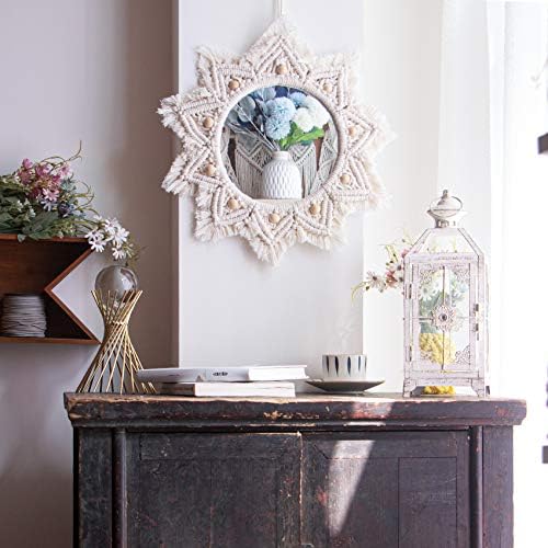 TENEWEE Boho Wall Decor White Macrame Round Hanging Mirror for Entryway - Image 2