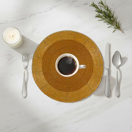 Lightnpro Handmade Beaded Placemats Set of 4 – 13 Inch Round Mustard, Elegant Artisan Table Accessories, Elegant Farmhouse Dining Table Décor for Holiday Gatherings & Special Occasions - Image 2