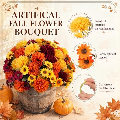Yinder 12 Bundles Fall Artificial Flowers Bouquet 6 Silk Chrysanthemum and 6 Faux Chamomile Flowers Orange Yellow Burgundy Autumn Floral Arrangement for Vase Thanksgiving Table Centerpieces Home Decor - Image 3