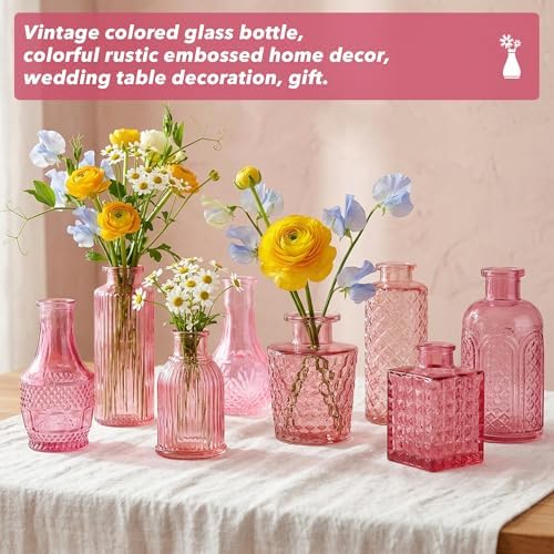 Colored Glass Vases Bulk 32 Pcs - Assorted Vintage Bud Vases for Wedding Centerpieces, Rustic Embossed Glass Bottles for Table Decor, Home Floral Arrangements with Pink Series (2-6 Inch) - Image 6