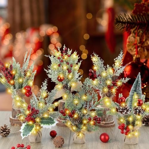 YLOLUL 6 Pcs Mini Christmas Tree Table Decorations Artificial Small Christmas Trees for Farmhouse Christmas Centerpiece Table Decoration for Kitchen Table Decor (6, Classics, Mini) - Image 6