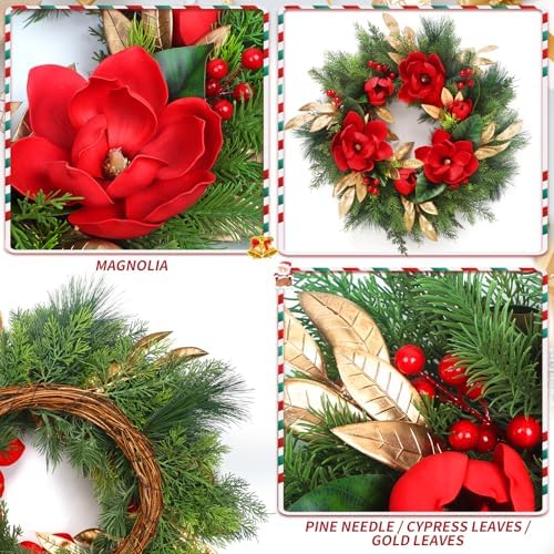 24" Magnolia Christmas Wreaths for Front Door, Artificial Magnolia Christmas Flower with Gold Leaves for Outdoor Indoor Home Wedding Christmas New Year - Image 3