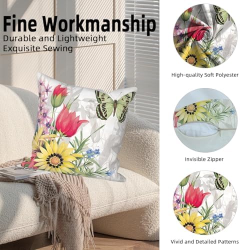 4 Pcs/Set Floral Pillow Covers Pink Yellow Flowers Green Leaves Butterflies Plants Geometric Vintage Throw Pillow Covers for Outdoor Home Couch Sofa Bedroom Farmhouse, 26"x26" - Image 2