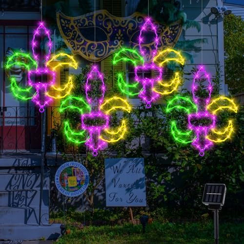 Huquary 4 Pcs Solar Mardi Gras Lights with Stake Yellow Green Purple Window Decor Fleur De Lis Outdoor LED String Lights with Solar Stake & 4 Hooks Lighting Decor for Carnival Yard Garden Home Party - Image 5