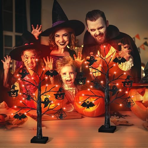 2 Pack 24 Inch Black Halloween Tree with 24 LED Orange Lights, Timer/USB/Battery Operated Lighted Halloween Table Decorations Tree, Spooky Halloween Decorations Indoor Home Decor Party Room - Image 6