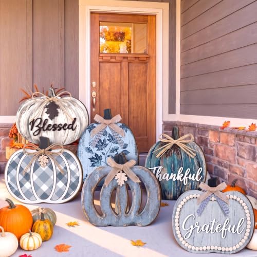 Moucuny Set of 6 Farmhouse Outdoor Fall Decor for Home Porch, Pumpkin Signs - Image 2
