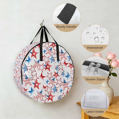 Independence Day Round Storage Bag 24 Inch, American Flags Blue Red Stars Memorial Day Clothes Storage Container with Handles Heavy Duty Organizer for Comforter, Bedding & Holiday Wreaths - Image 5