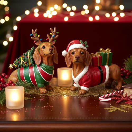 Simgoing 2 Pcs Christmas Figurines Table Decoration Dachshund Resin Statue - Image 3