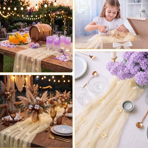 6 Pcs 29x120'' Pearl Tulle Table Runner 10ft Wedding Tablecloth, Beige - Image 5