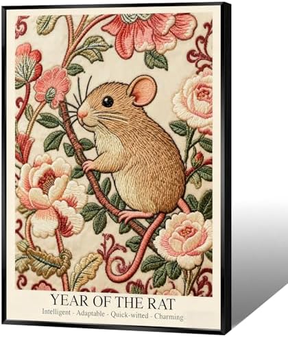 Elegant Chinese Zodiac Wall Art - Year of the Rat Poster with Embroidery Style Floral Pattern for Home Office and Apartment Decor 20X30 in Black Framed by Unknown