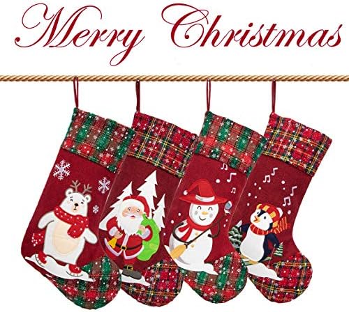 LUBOT 4 Pack Christmas Stockings(21inch) Embroidered Linen Applique Burlap Fireplace Hanging Christmas Stocking Ornament for Family Decorations Holiday Xmas Gift - Image 2