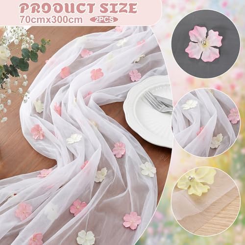 Remagr 4 Pcs 9.8 Ft Pink Flower Table Runner Embroidery Tulle Wedding - Image 3