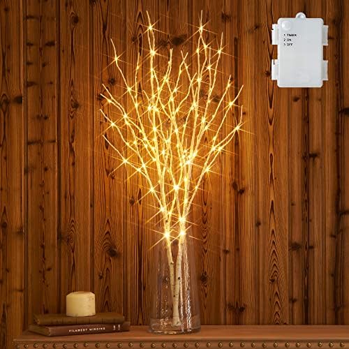 Hairui Lighted Artificial Twig Birch Branch with Fairy Lights 30IN 100 LED Battery Operated, White Willow Branch with Lights for Christmas Holiday Wedding Party Decoration by Hairui