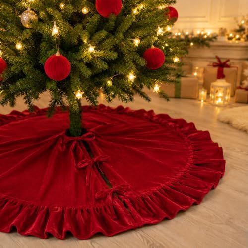 59-Inch Dark Red Ruffled Velvet Christmas Tree Skirt with Bow Ties, Extra Large Round Xmas Tree Base Cover for Christmas, New Year, Home and Party Decor, 150 cm by AtiMing