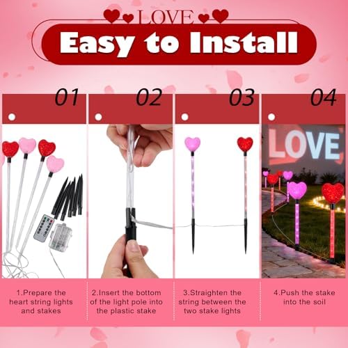 YUNVI 6 Pack Valentine's Day Pathway Lights,8 Modes LEDs Red&Pink Heart Stake Light with Timer Valentine Walkway String Lights Markers for Outdoor Backyard Patio Lawn Garden Party Decoration - Image 5