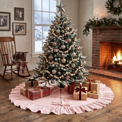 JOVIPOP Christmas Tree Skirt, 48 Inch Red Pinstripe Ruffle - Image 4
