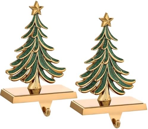 Christmas Stocking Holders for Mantle Glitter Green Xmas Tree Antique Gold Stocking Holder for Fireplace Xmas Stocking Hooks Weighted Hangers Holiday Christmas Decorations Supplies (Antique Tree) by Yuokwer