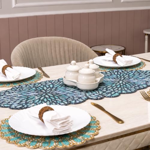 CLEENTABLE Beaded Table Runner, Floral Art Deco, 13x36 in, Blue & Black - Image 6