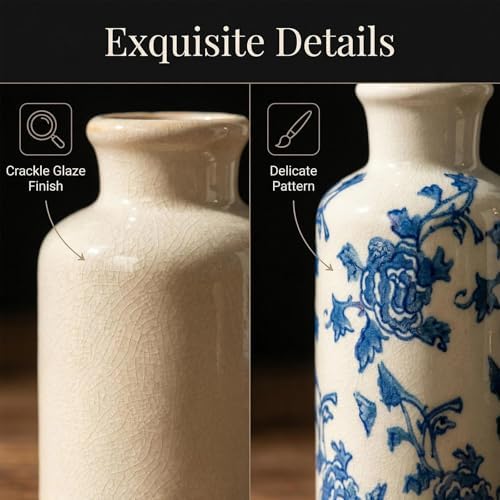 3Pcs Vintage Blue White Floral Ceramic Vase Set, Chinoiserie Farmhouse Decor Vases for Home Table Kitchen Living Room - Image 2