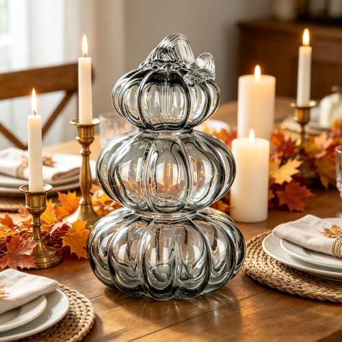 Stacked Glass Pumpkin Decor, Fall Halloween Table Centerpiece, Black - Image 3