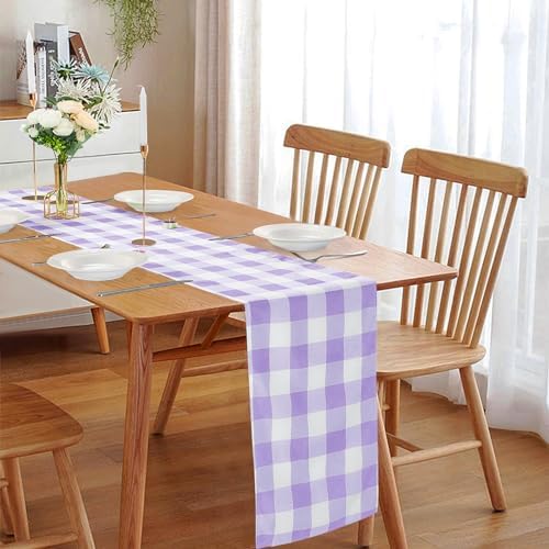 Cupuamon Fabric Checkered Table Runner 12 Pack Waterproof Gingham Table Runner 14W x 108L Buffalo Check Table Runners for Parties Kitchen Dining Wedding Banquet (Lavender and White) - Image 6