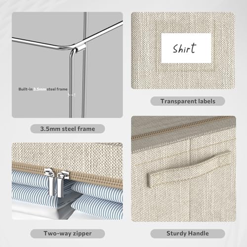 CYhom Clothes Storage Bins Box - Linen Fabric Foldable Stackable Container Organizer Set with Clear Window & Carry Handles & Metal Frame - 2Pack Large Capacity for Bedding, Blankets, Books - Image 5