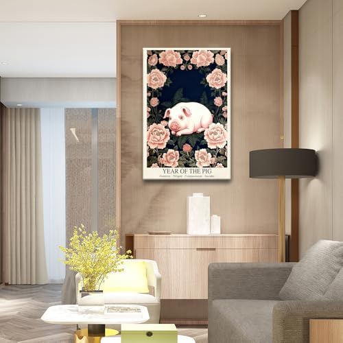 Chinese Lunar Year of the Pig Art Print – Oriental Home Decor with Generous Diligent Compassionate Sociable Pink Peony Pattern Zodiac Wall Decor 24X36 in Black Framed - Image 7