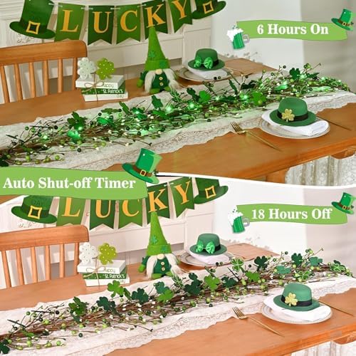 2 Pcs 6 Ft St Patrick's Day Garland with Light, Lighted Shamrock Garlands, Green Colored Wooden Shamrock and Berry Clover for St Patrick's Day Decor - Image 5