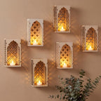6 Pack Diwali Wooden Lanterns with LED Candles Indian Decorations for Pooja by Crtiin