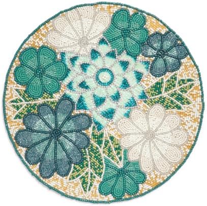 Lightnpro Flower Beaded Placemats Round, Rustic Farmhouse Hand Beaded Floral Placemats to Decorate Christmas Xmas Wedding Family Party Thanksgiving Dinner Table Décor - 13 Inch - Teal Combo by Lightnpro