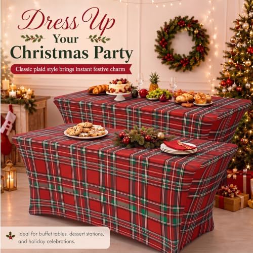 Oudain 2 Pcs Christmas Tablecloth 6 ft Red Green Buffalo Plaid Table Cover - Image 5