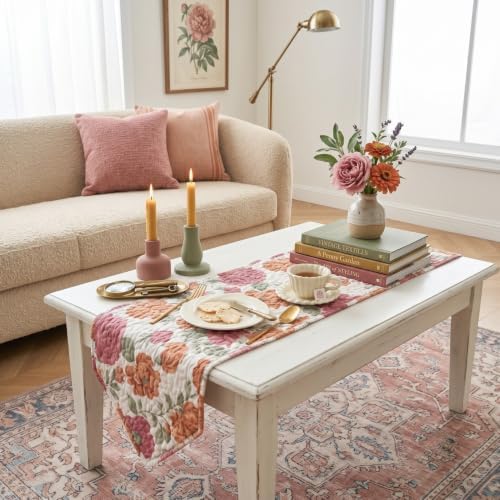 Tache Quilted Floral Table Runner - Terracotta Rose Garden Botanical Print for Dining Room Table Decor, Boho Rustic Farmhouse Centerpiece for Everyday, Spring & Fall (13x54) - Image 4
