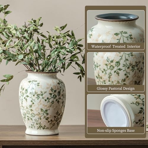 Ceramic Flower Vase for Home Decor, Vintage Green Decorative Vase 8 Inch - Image 4