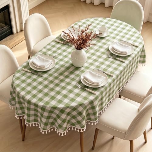 Green Checkered Oval Tablecloth, Cotton Linen Texture, 60"x102" by Pavorin